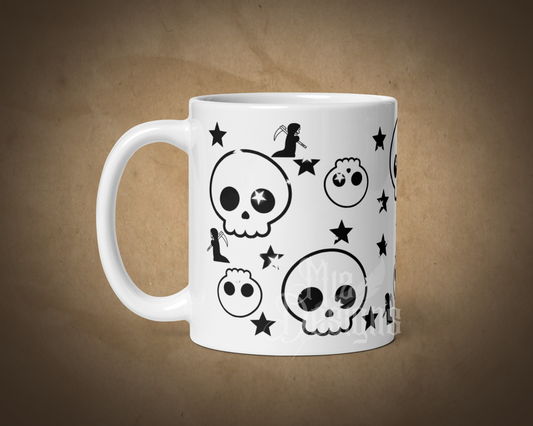 Skulls, Stars, and the Reaper Mug, White Mug, Fall Mug, Coffee Mug, Halloween Mug